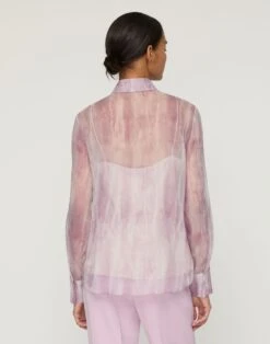 Washed Glaze Print Silk Crépon Button Blouse -Lafayette 148 Store mbae3r 2c88 lavender tint multi back