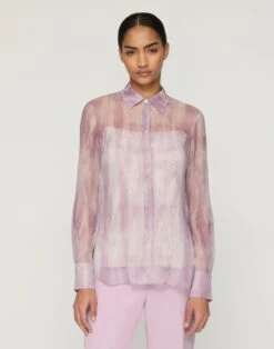 Washed Glaze Print Silk Crépon Button Blouse -Lafayette 148 Store mbae3r 2c88 lavender tint multi default