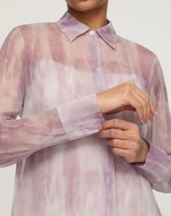 Washed Glaze Print Silk Crépon Button Blouse -Lafayette 148 Store mbae3r 2c88 lavender tint multi detail