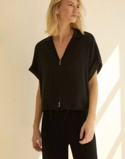 Organic Silk Stretch Georgette Zip Front Blouse 11 Organic Silk Stretch Georgette Zip Front Blouse -Lafayette 148 Store mbfd8r 1u40 black elevated hover