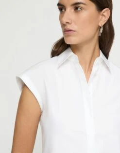 Organic Cotton Poplin Cap Sleeve Fitted Shirt -Lafayette 148 Store mbfe3r 1r48 white detail