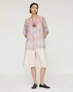 Washed Glaze Print Silk Crépon Short Sleeve Blouse 8 Washed Glaze Print Silk Crépon Short Sleeve Blouse -Lafayette 148 Store mbfj7r 2c88 lavender tint multi full