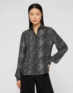 Diffused Houndstooth Print Silk Chiffon Blouse -Lafayette 148 Store mbfk6v 2d13 black multi default