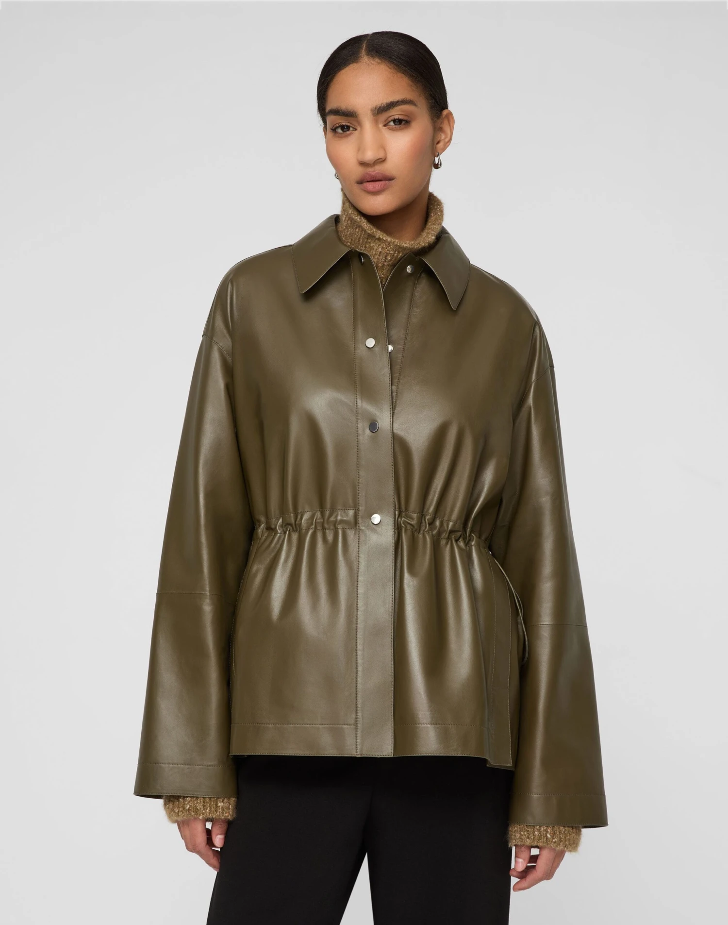 Lightweight Lambskin Leather Gathered Waist Oversized Jacket 2 Lightweight Lambskin Leather Gathered Waist Oversized Jacket - Image 2