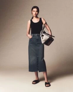 L148 Denim Slit Front Midi Skirt -Lafayette 148 Store msn88z 1m79 sunfaded elevated