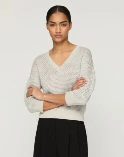 Cotton-Sequin Silk V-Neck Sweater -Lafayette 148 Store mwed5r kkf5 pebble metallic default