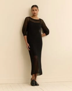 Silk Crepe Sheer Pleat Knit Dress -Lafayette 148 Store mwee7r ks43 black elevated hover